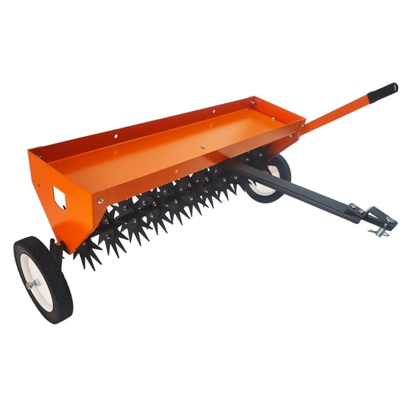 40" Tow Behind Aerator with Transport Wheels, Steel Tine Plug Aerator for Tractors, Adjustable Handle & Weight Tray for Lawn, Farm, Pasture Aeration