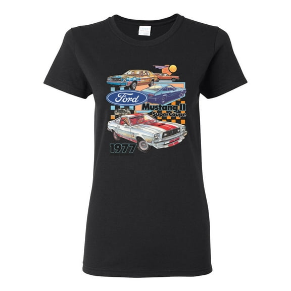 Wild Bobby Ford Mustang II Supercoupe 1977 Cars and Trucks Women Graphic Tee, Black, Small