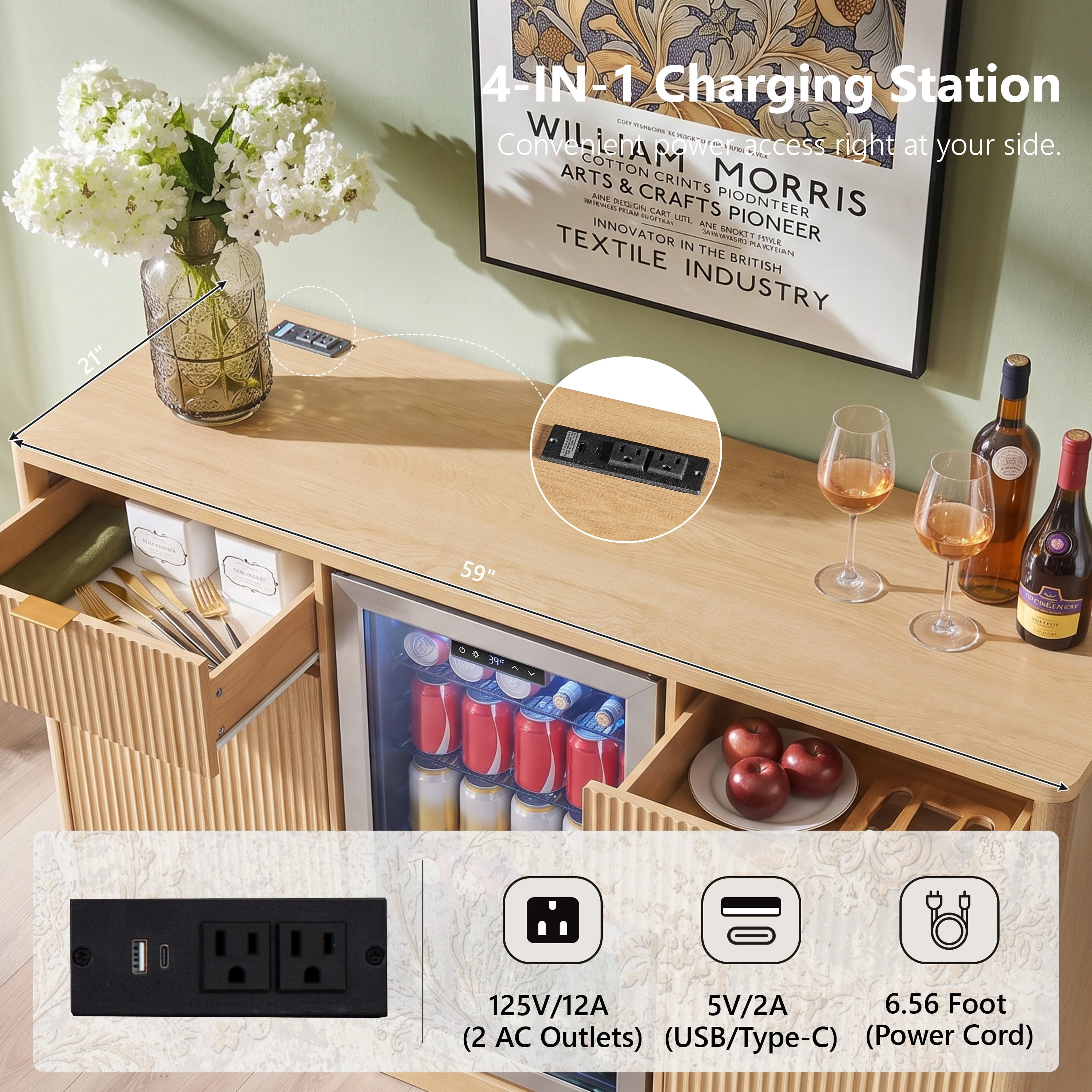 Mintazer 59" Fluted Coffee Bar Cabinet with Fridge Space & Tilt-Out Trash Cabinet, Sideboard with Charging Station and Wine Glass Holder & Adjustable Shelves for Kitchen Dining Living Room, Natural
