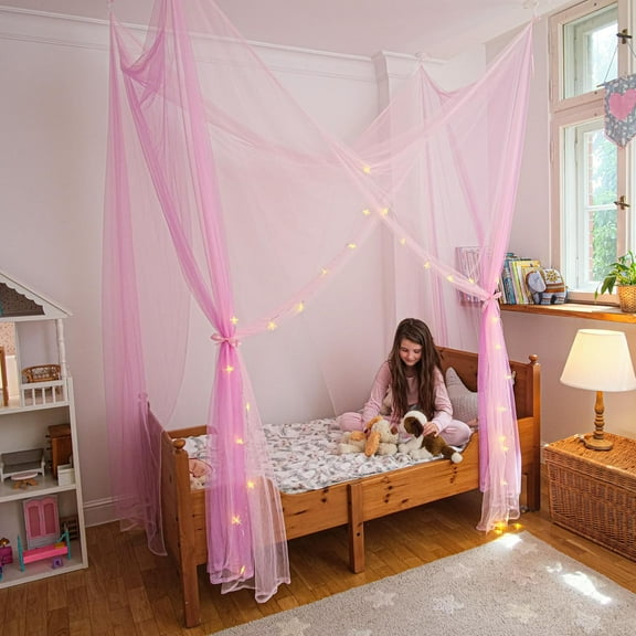 CAILDANL Canopy Bed Curtains, Twin Princess Bed Canopy For Girls, Pink & Purple | Fits Twin & Twin XL | Bed Curtains From Ceiling Or Bed Frame, Bed Curtains Drapes