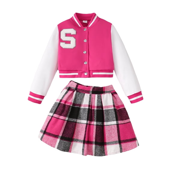 Kucnuzki 7 Years Big Girls Winter Outfits 8 Years Youth Child Kids Clothes Long Sleeves Letter Embroidery Baseball Jacket Coat Plaid Pleated Skirts Set 2pcs Clothing Pink
