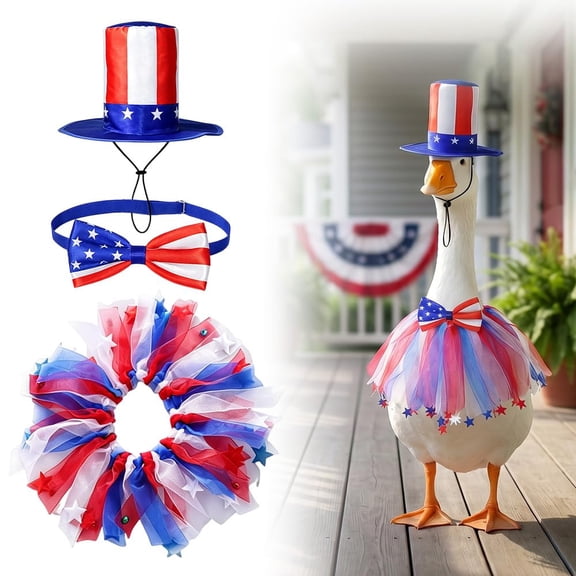 4th of July Porch Goose Outfits – Goose Independence Day Costume with Bow Tie & Hat, Patriotic Lawn Decoration for Yard Goose(Tall Hat1set)