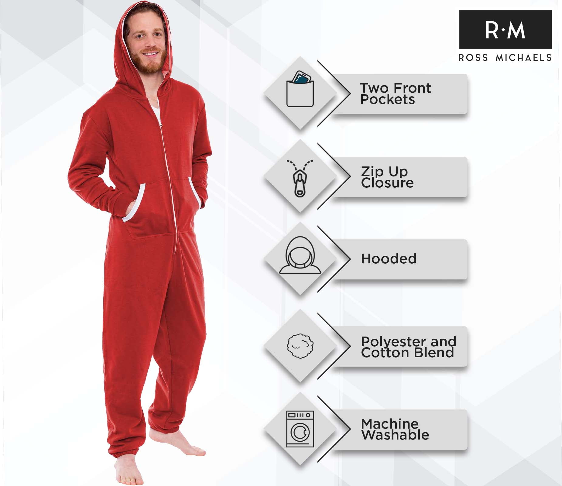 Ross Michaels - Mens Onesie with Hood - Holiday Pajamas - One
