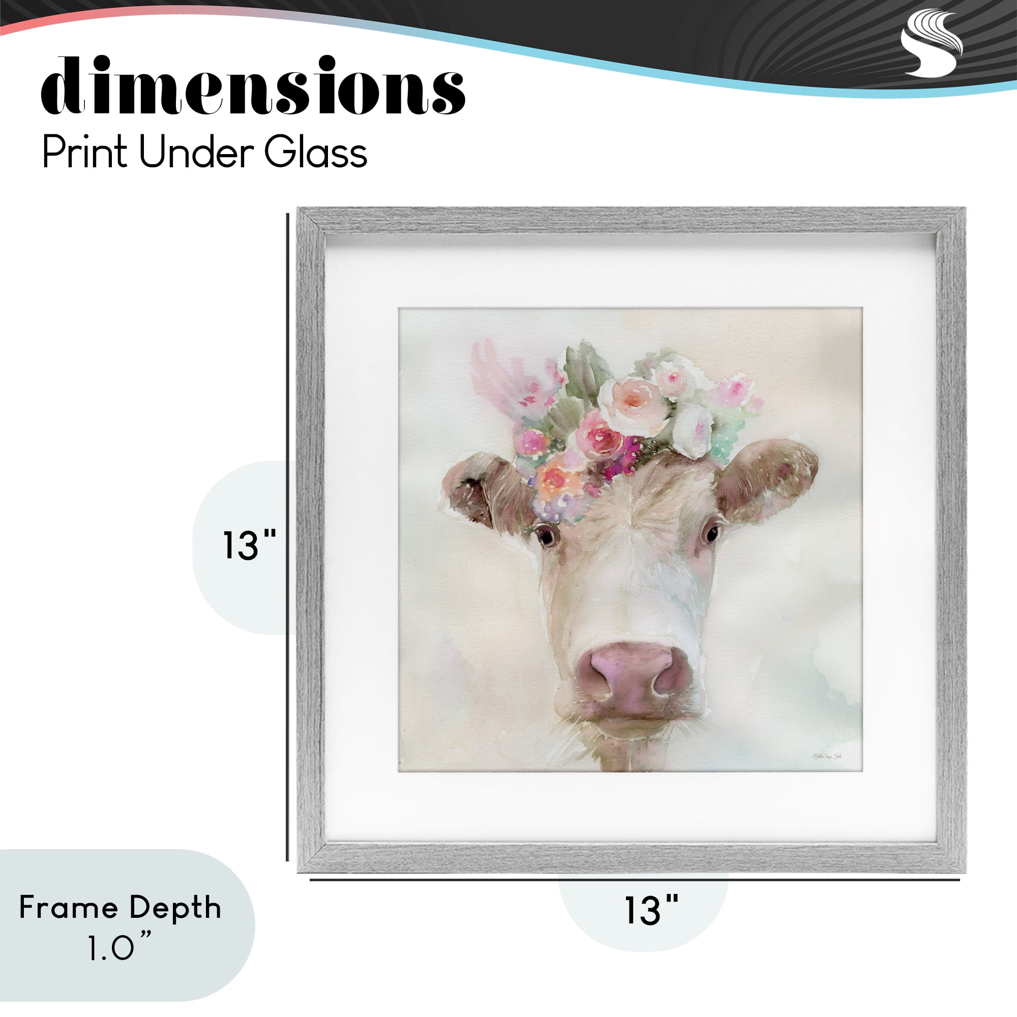 Stupell Industries Betsy Cow with Flowers Gray Framed Print Under Glass, design by Stellar Design Studio