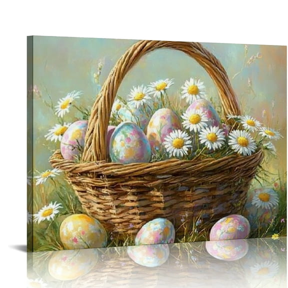Patifu Easter Egg Basket Canvas Wall Art Prints Vintage Spring Wildflower Easter Egg Oil Painting Artwork Picture for Bedroom Farmhouse Cottagecore Decor  20x16in
