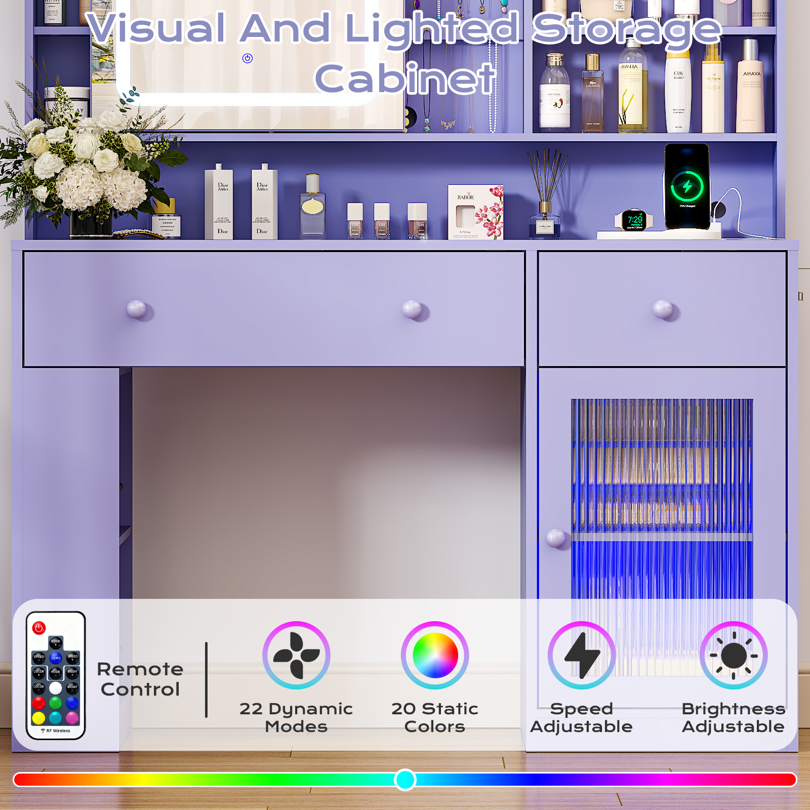 Ktaxon Makeup Vanity with Lighted Mirror,  Vanity Table Set w/ Charging Station, Side Rack, Sophia Purple