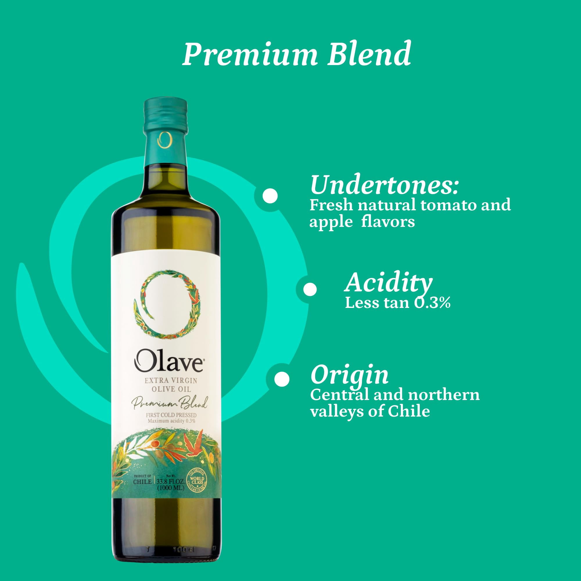 Extra Virgin Chilean Olive Oil by Olave |Premium Blend - First Cold Press, 33.8 Fl Oz (1000 Ml) - 4 pack