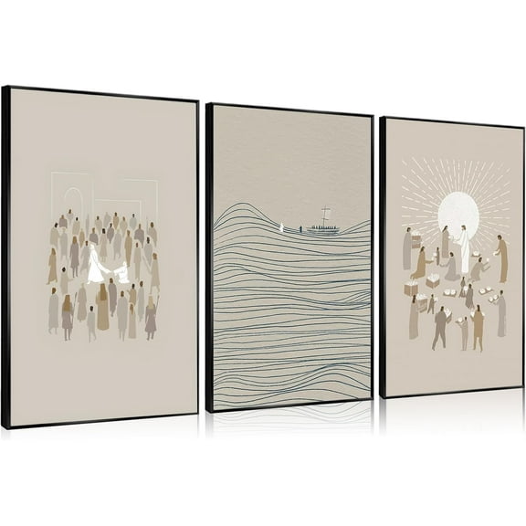 Hieng Beige Modern Christian Wall Art Minimalist Bible Sketches Posters Prints Jesus Heals Canvas Pictures Jesus and Peter Walking on Water Painting Wall Decor（Only canvas）