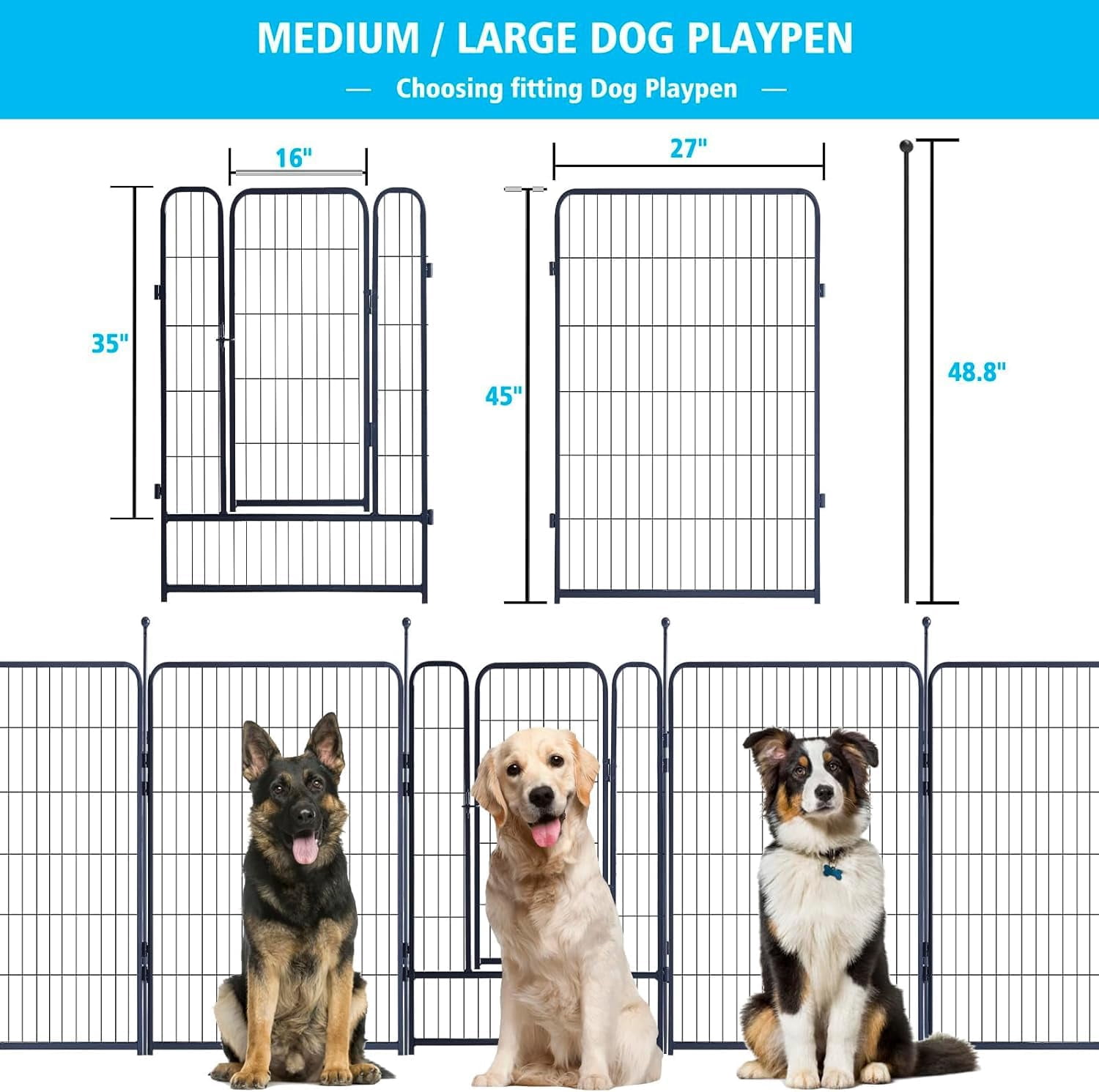 Metal Dog Playpen Portable Outdoor Fence for Large Medium Small Dogs, Foldable Yard Pet Enclosure with Door, 32 Panels 45 Inch Height, Black