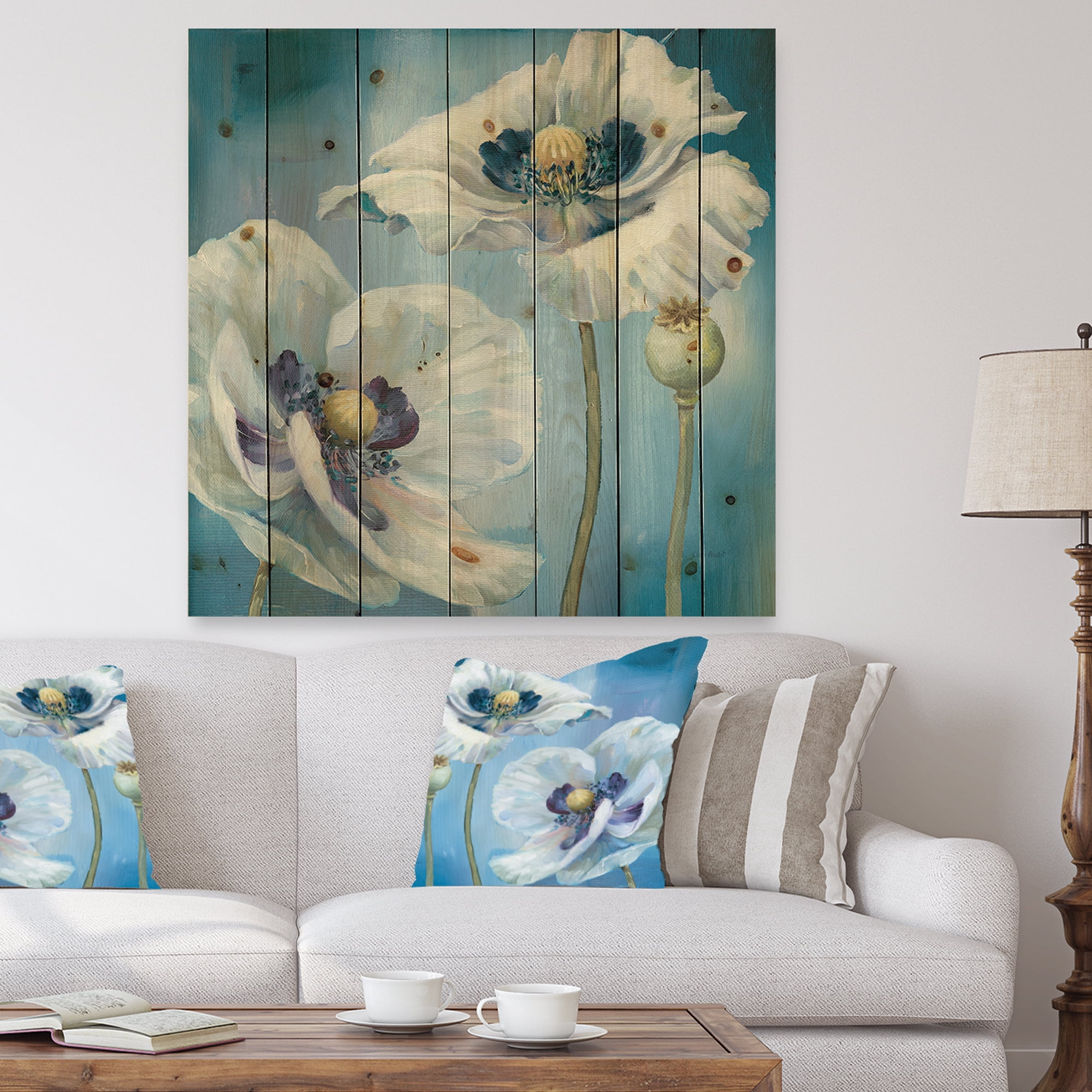 Designart 'Close Up White Flower on Blue II' Farmhouse Print on Natural Pine Wood