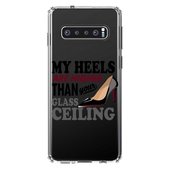 DistinctInk Clear Shockproof Hybrid Case for Samsung Galaxy S10 (6.1" Screen) - TPU Bumper Acrylic Back Tempered Glass Screen Protector - My Heels Are Higher Than Your Glass Ceiling