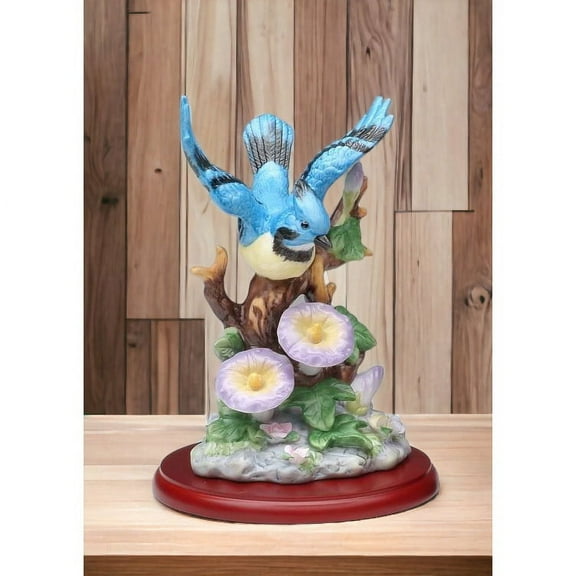 Ceramic Bluejay Bird Figurine with Morning Glory Flower 4.125in Gift