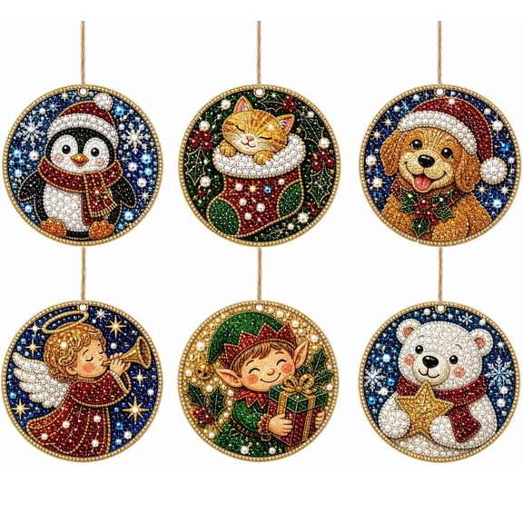 Diy Diamond Painting Christmas Ornaments Wooden 6pcs Pearl & Rhinestone, Round Hanging Design Christmas Diamond Art Kit, Festive Designs, Diy Craft Kit For Holiday Window Christmas Tree Decor