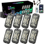 SUNPIE 8Pcs High Power Wide Angle RGBW LED Rock Lights Full Luminous Zone with Phone App Remote Control Voice Mode Music Mode Neon Accent Wheel Well Lights for Off Road Truck SUV ATV UTV Bo