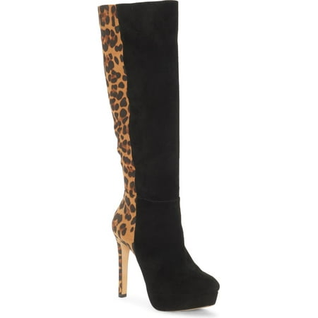 Jessica Simpson Rollin Fashion Boot Black/Natural Leopard Knee High Dress Boots (6.5, BLACK/NATURAL)