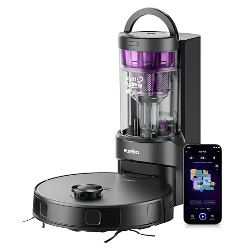 Robot aspirador Eureka E20 Plus con estación de vaciado automático sin bolsa, combinación de aspiradora y fregona, autonomía de 45 días, succión mejorada de 8000 Pa y cepillo antienredos, navegación
