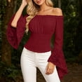 thumbnail image 5 of Women off Shoulder Lace Blouse, Convertible Square Neck Bell Long Sleeve Slim Top, Casual Elegant Shirt for Summer Autumn Dating Daily Outfits Red M(M), 5 of 7