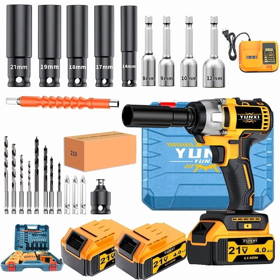 2026 Upgraded 21V Cordless Impact Wrench Kit, High Torque Power Tool with Dual 4.0Ah Batteries, Fast Charger & All Accessories, for Car Repair