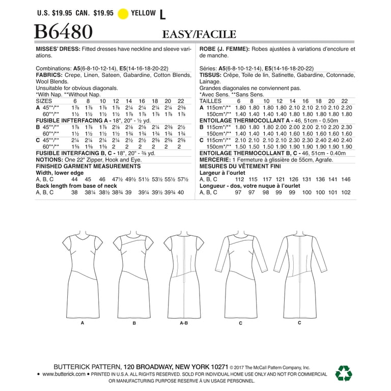 Butterick Pattern Misses' Fitted Dresses with Hip Detail, Neck and Sleeve  Vari-6-8-10-12-14 - Walmart.com