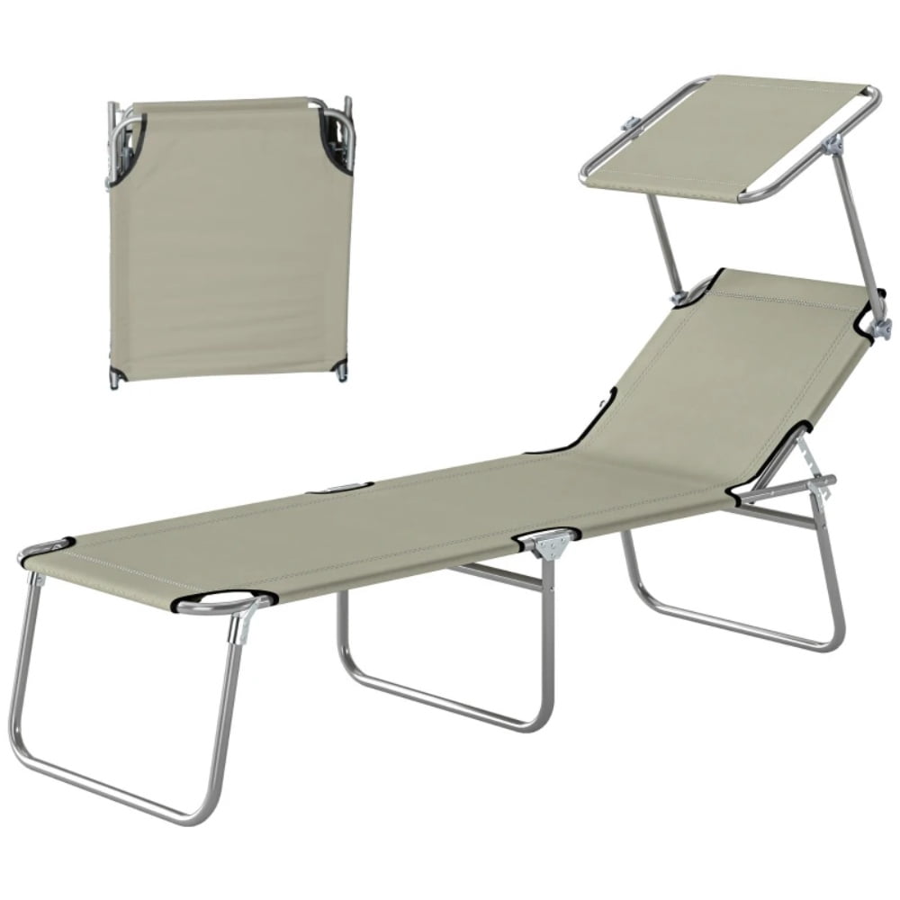 Outdoor Folding Chaise Lounge with Detachable Adjustable Sun Awning, 4-Level Reclining Backrest, Cream White Portable Pool Beach Lounger