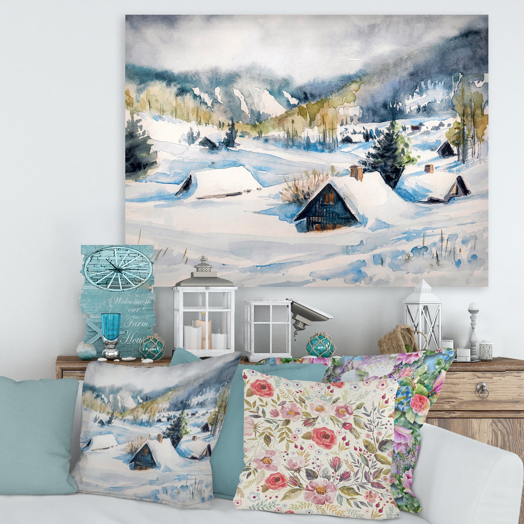 Winter In Mountain Village 12 in x 8 in Painting Canvas Art Print, by Designart