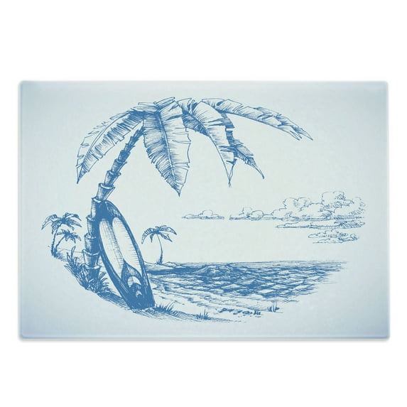 Surf Cutting Board, Contemporary Sketch Illustration Hawaiian Beach Surfboard Palms Ocean Water, Decorative Tempered Glass Cutting and Serving Board, Large Size, Blue White, by Ambesonne