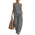 thumbnail image 2 of Linen Sets for Womens 2 Piece Outfits Casual Minimalist Halter Neck Top and High Waisted Wide Leg Pants Summer Matching Outfit with Pockets, 2 of 9