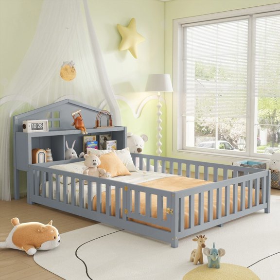 Full-size Montessori Floor Bed - Storage & Fun | Grey