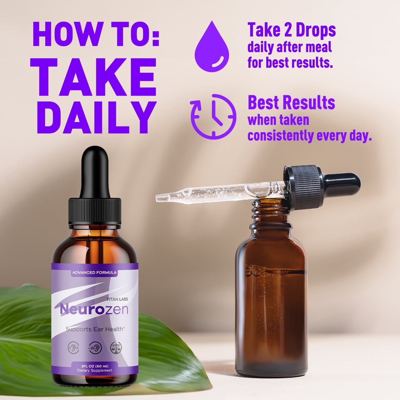 Neurozen Advanced Formula Ear Health Support Drops Hearing Supplement Neuro Zen Vitamins Taken Daily 1 Month Supply 30 Servings