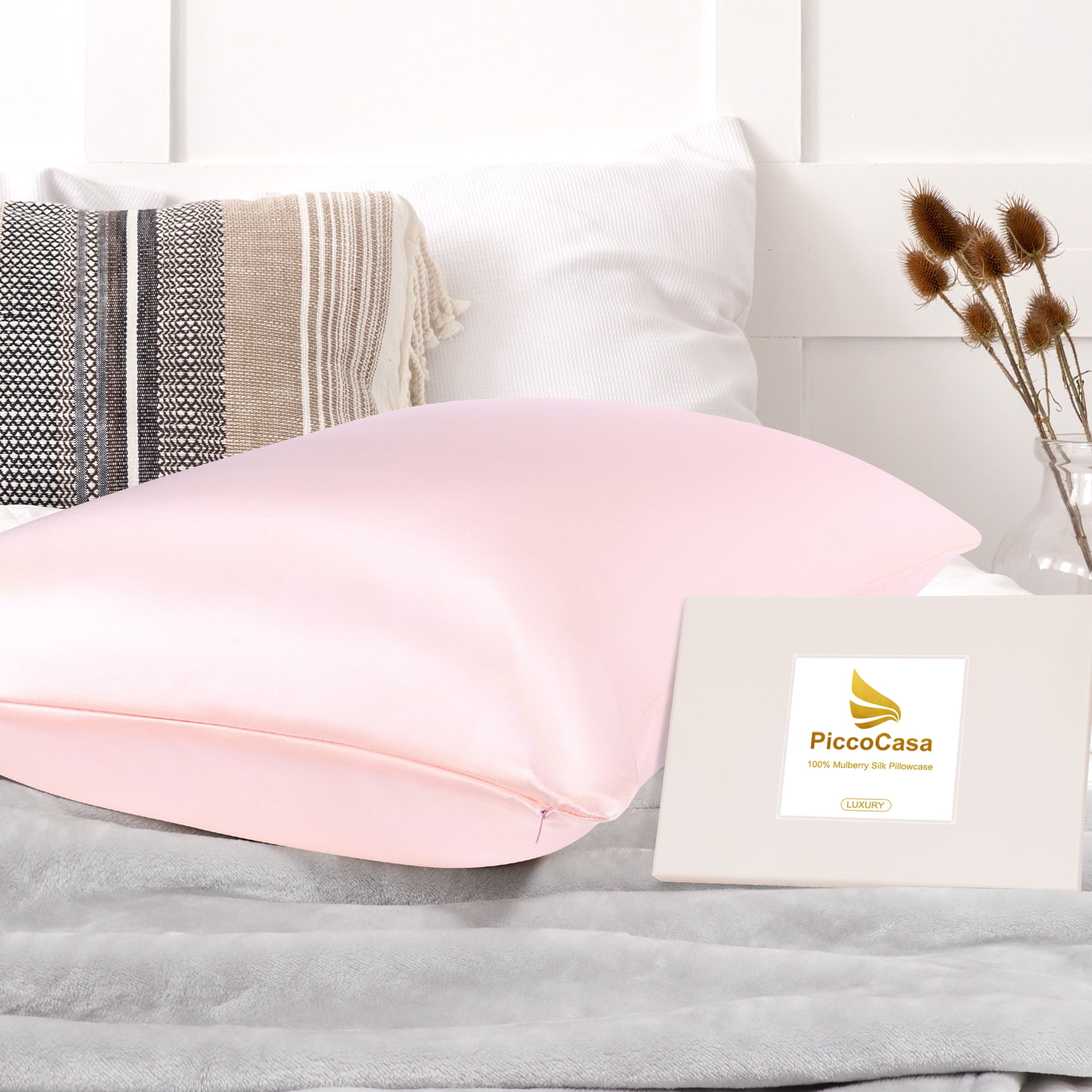 PiccoCasa 1 Pack 19mm Silk Pillowcase for Hair and Skin with Zipper Standard Pink