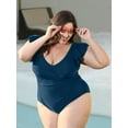 thumbnail image 3 of TIYOMI Plus Size 5X One Piece Swimsuit For Women Blue Swimwear Ruffled Deep V Neck Suits Tummy Control Bathing Suits 5XL 26W 28W, 3 of 6