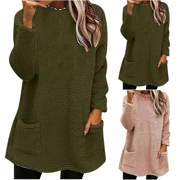 ATOYSOY Women's Long Sleeve Thicken Tees Fall Winter Loose Fleece Tops Pockets Crew Neck Sweatshirts Outwear Pullover Workout Fashion Casual Fuzzy Shirts Green L