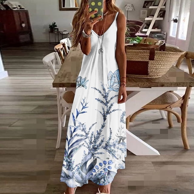 ICHUANYI Clearance Women's Summer Fashion Printed V-Neck Sleeveless Suspenders Pullover Dress(Light Blue, XL) Ichaunyi WER2023081115123
