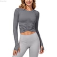 thumbnail image 5 of DuoJiaJ Womens Long Sleeve Crop Top, Crew Neck Ruched Stretchy Yoga Athletic Gray M, 5 of 5