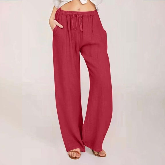 Lumtrix Linen Pants Women Casual Summer Wide Leg Palazzo Pants with Pockets High Waisted Comfy Loose Lounge Drawstring Beach Trousers Red 2XL