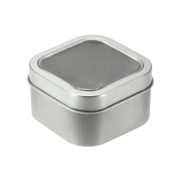 Metal Tin Box, 2.64" x 2.64" x 1.57" Tinplate Storage Containers with Clear Window Lids, Silver Tone, 2 Pack