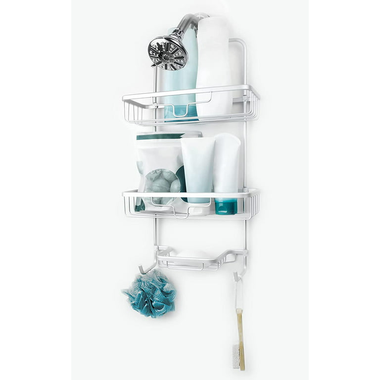 Oumilen Shower Caddy Over Shower Head, Hanging Rustproof Organizer with Hooks and Soap Basket, Silver