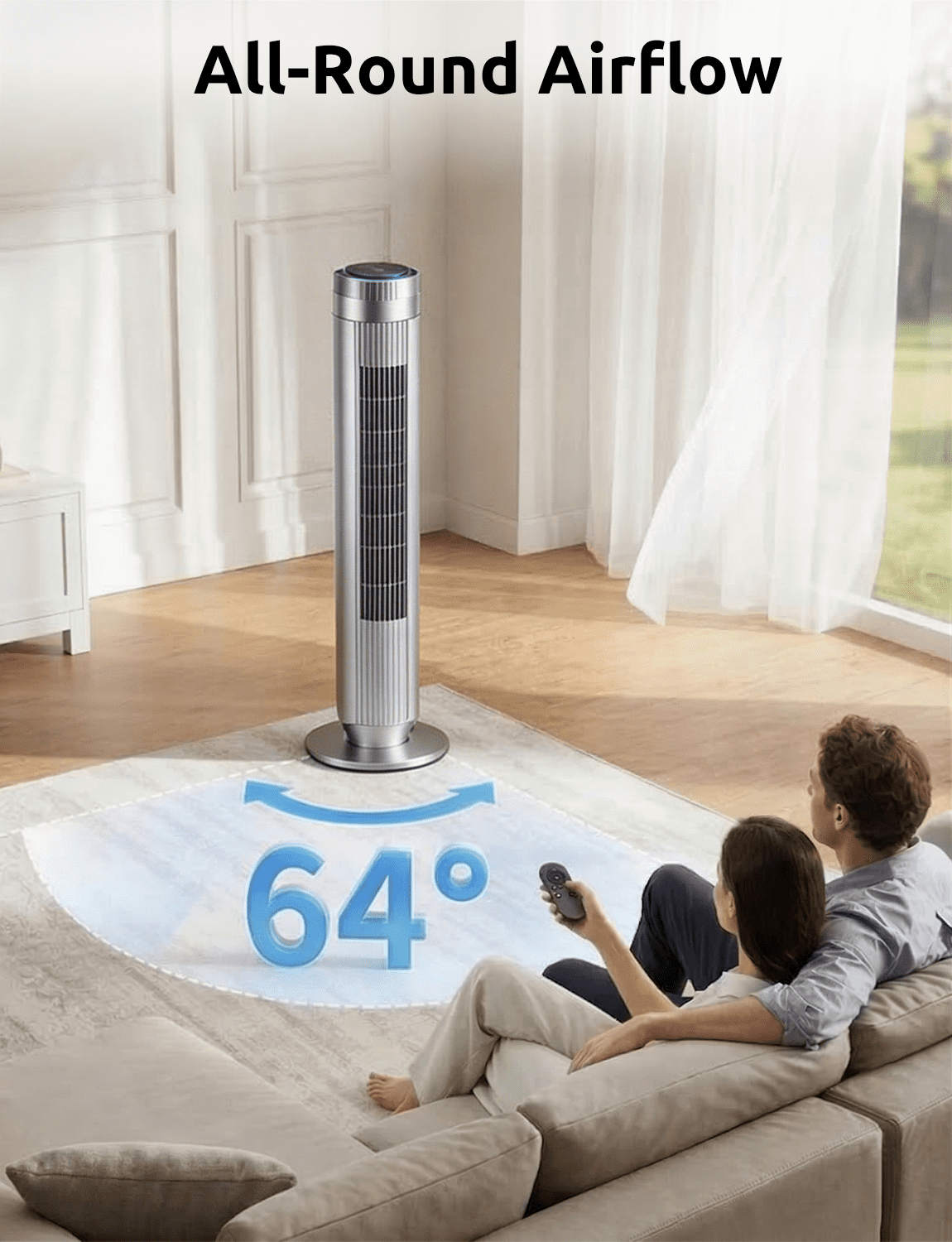 35" Bladeless Tower Fan - Ultra-Quiet 28dB for Bedroom Sleep 25 ft/s High Velocity Cooling w/ Remote 64° Wide Oscillation, 12H Timer, 5 Speeds, 4 Modes LED Display Standing Floor Fan - Silver