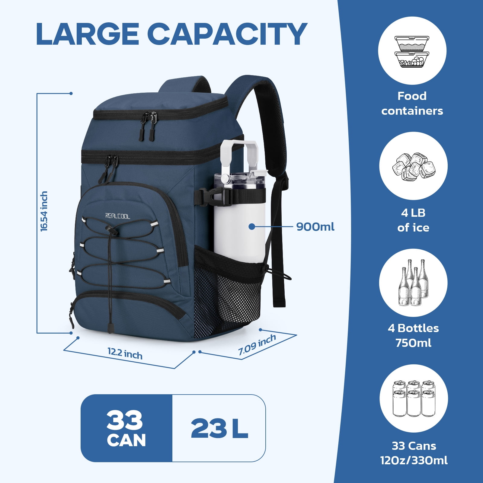 Realcool Backpack Cooler，33 Cans Insulated Leakproof Soft Cooler Bag Lightweight Camping Beach Lunch Backpack for Men Women Blue