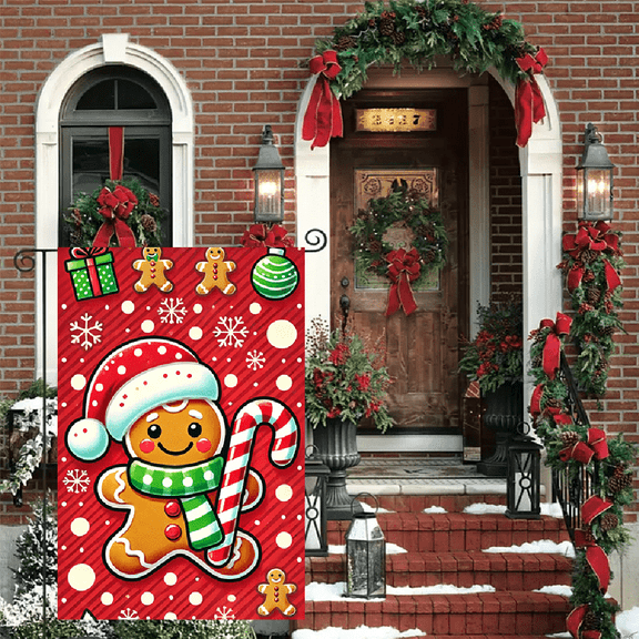 Christmas Gingerbread Garden Flag 12 x 18 Inch, Double Sided Outdoor Yard Flag, Candy Cane Gingerbread Man Holiday Decor