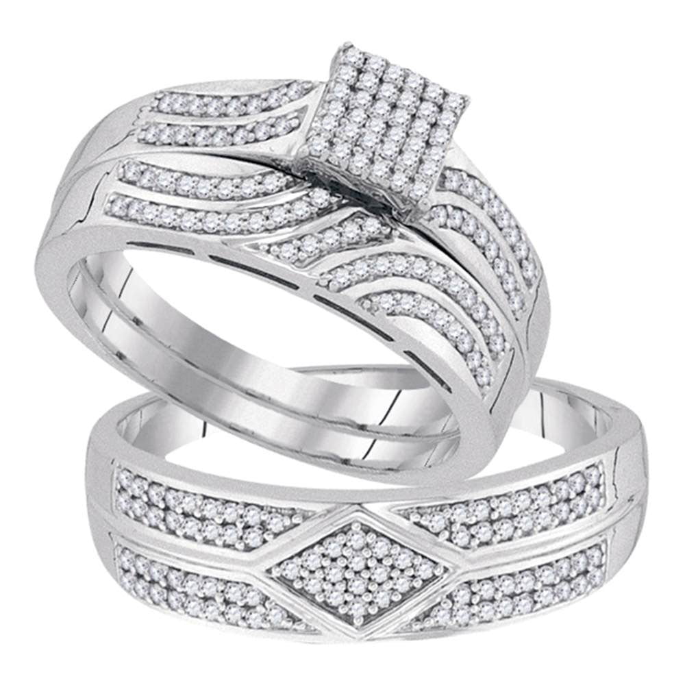 10kt White Gold His & Hers Round Diamond Square Cluster