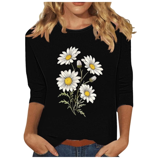 Tnhcen Chemises à Manches 3/4 pour Femmes avec Imprimé Floral d'Automne et Col Rond - Basiques Décontractés Grande Taille P-3TG