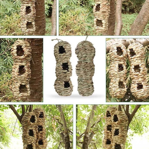 LOLIPPYY Yellow Straw Woven Bird Nest for Outdoor Pet Use with Three Holes