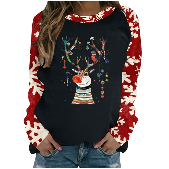lcziwo Women Christmas Sweatshirt Retro Xmas Elk Print Sweater Crewneck Long Sleeve Casual Pullover Xmas Holidays Tops Black,S