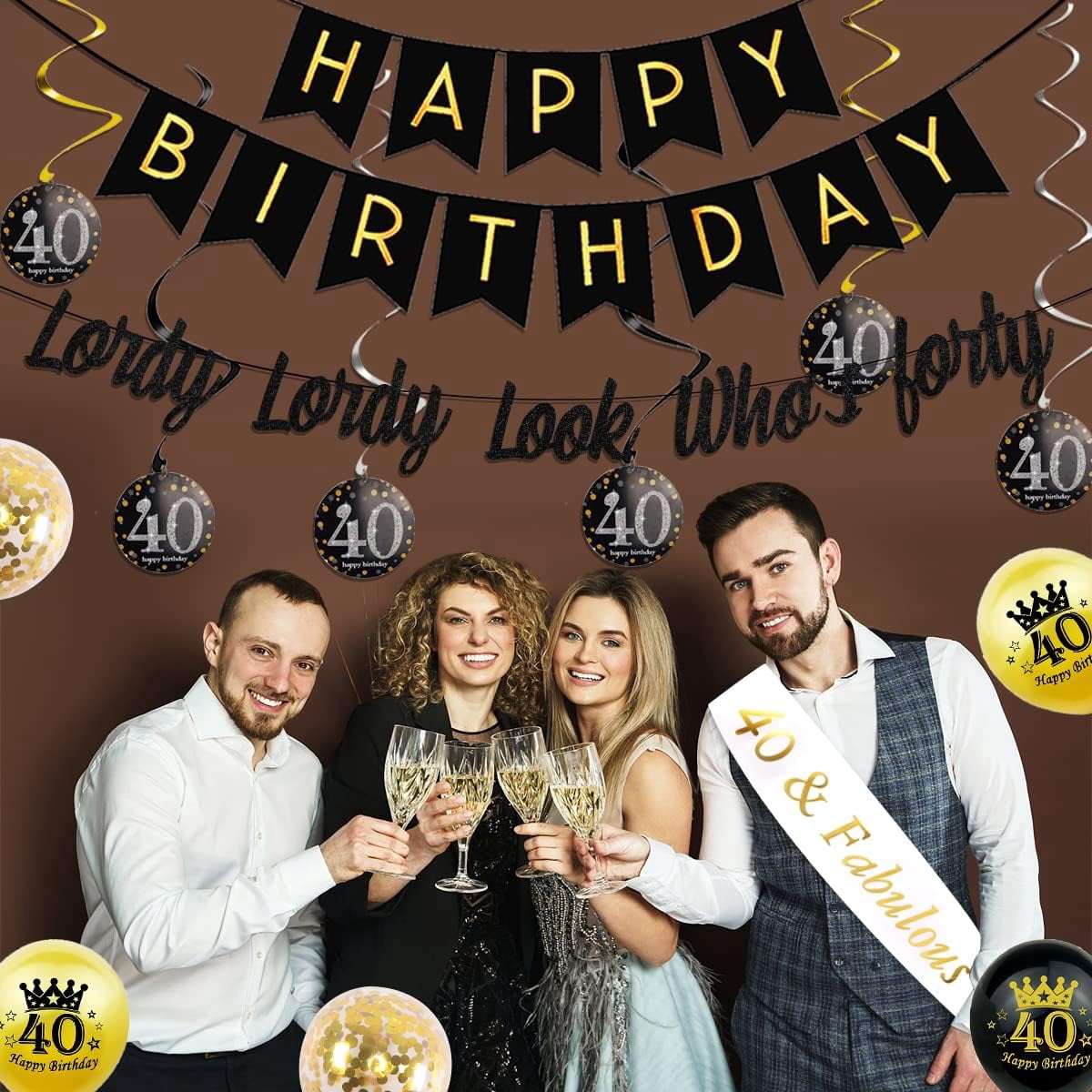 Black Gold 40th Birthday Decorations, Lordy Lordy Look Who's Forty Banner 40 Years Old Men Women Birthday Party Decorations with 40th Birthday Balloons 40 Hanging Swirl 40&Fabulous Birthday Sash