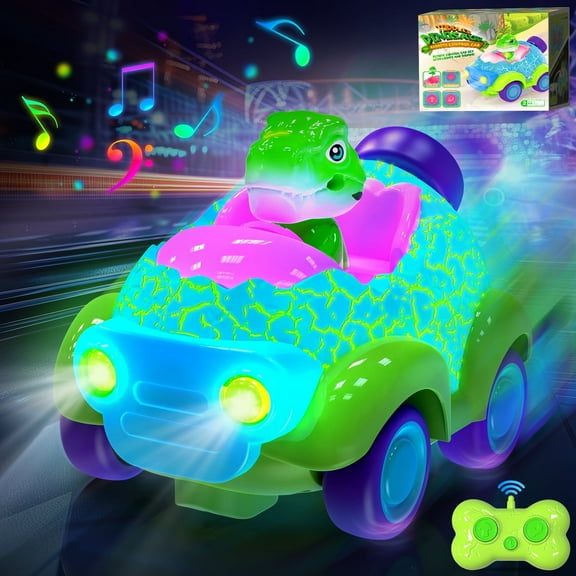 UUSUOO Dinosaur Remote Control Cars for Toddlers, Rechargeable Race RC Cars Toys for Kids with LED Lights & Music, Dinosaur Toys Birthday Gift for 2 3 4 5 Year Old Boys and Girls, Blue
