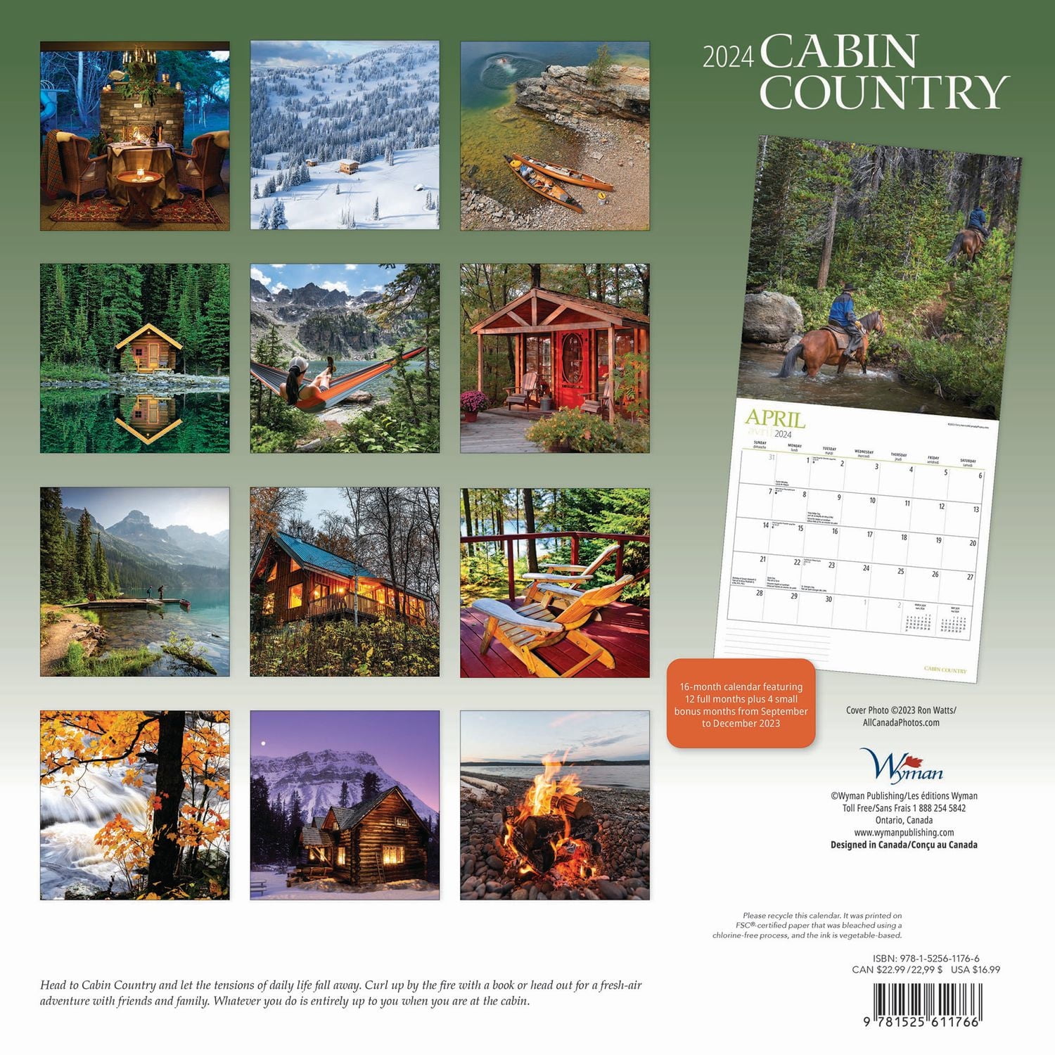 Wyman Publishing Le Pays des Châlets (Cabin Country) 2024 30.48x60.96 CM Mur Carré Calendrier, 9781525611766