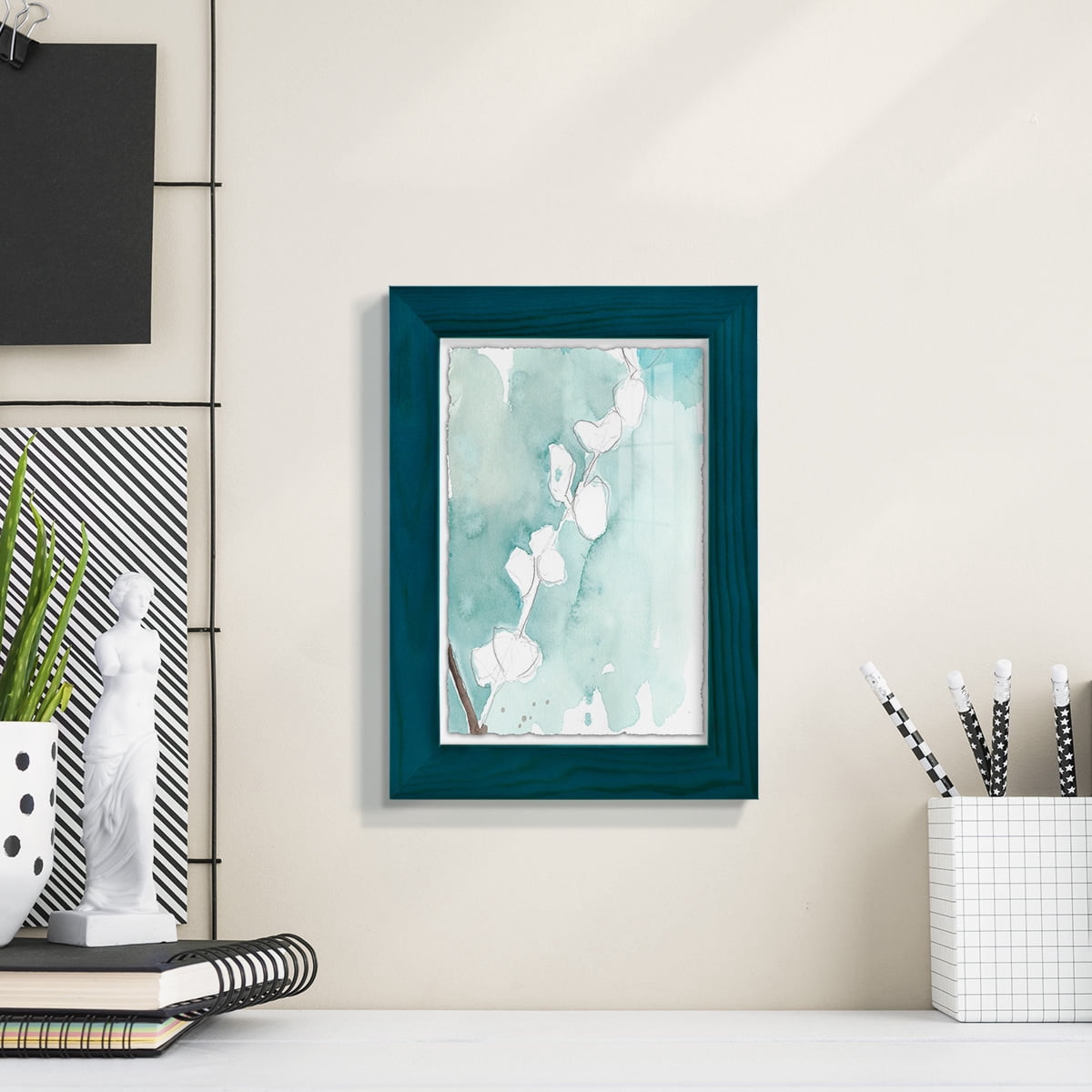 Ginkgo on Dusty Teal V - Framed Print w/glass - Ocean Blue