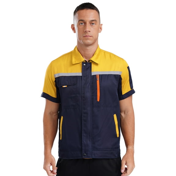Alvivi Men's Short Sleeve Mechanic Work Shirt Front Zip Industrial Uniform Workshop Factory Workwear Yellow&Navy Blue 175/XL