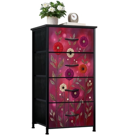 Dresser for Bedroom with 4 Storage Drawers Red Floral Burgundy Leaf Vintage Boho Flower Colorful Dressers Chest of Drawers Steel Framed Fabric Closet Organizers for Dorm Entryway